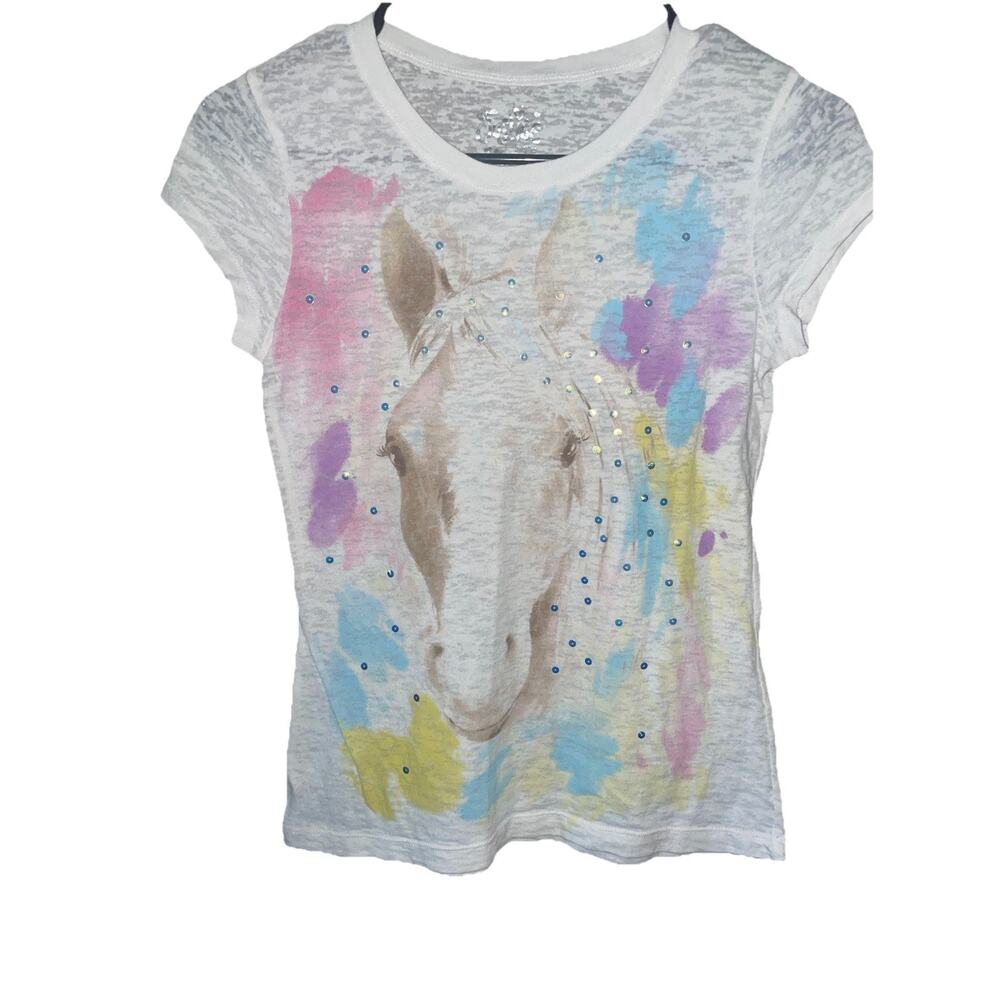 Justice Girls Size 10 White T-Shirt Pastel Horse & Sequins